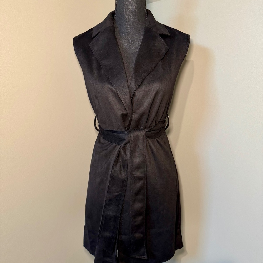 Truth by Republic‎ Womens Black Faux Suede Sleeveless Trench Vest Belted XS NEW